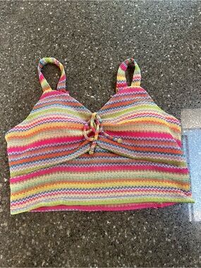 No Boundaries Y2K Multicolor Striped Bold Knit Ruched Crop Top with Front Tie